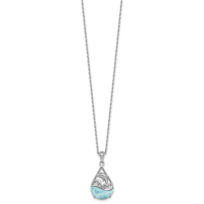 Sterling Silver Rhodium Plated Larimar Dolphin Teardrop 16in w/2in Ext Necklace