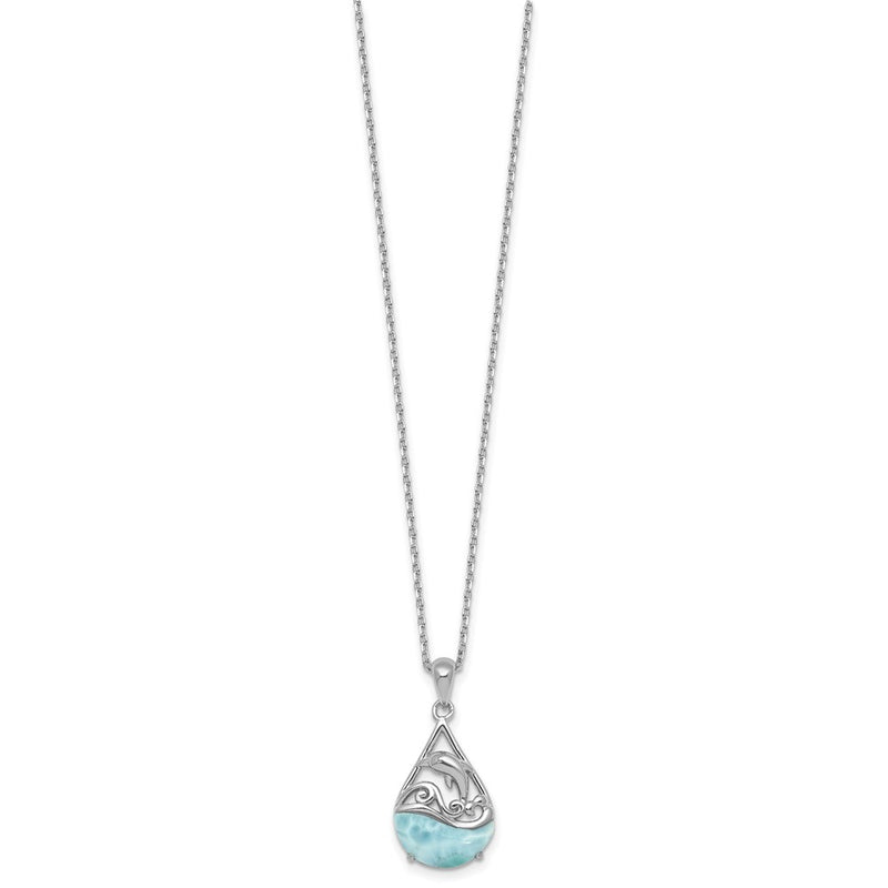 Sterling Silver Rhodium Plated Larimar Dolphin Teardrop 16in w/2in Ext Necklace