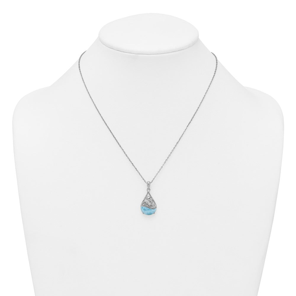 Sterling Silver Rhodium Plated Larimar Dolphin Teardrop 16in w/2in Ext Necklace