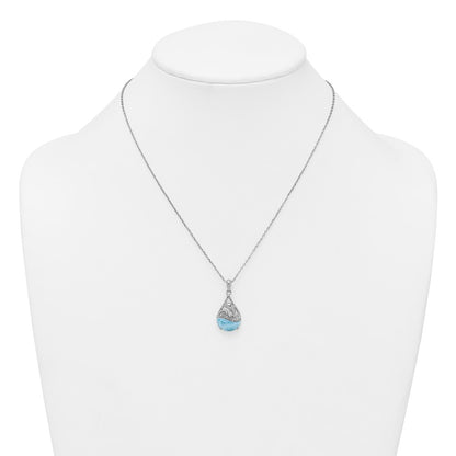 Sterling Silver Rhodium Plated Larimar Dolphin Teardrop 16in w/2in Ext Necklace
