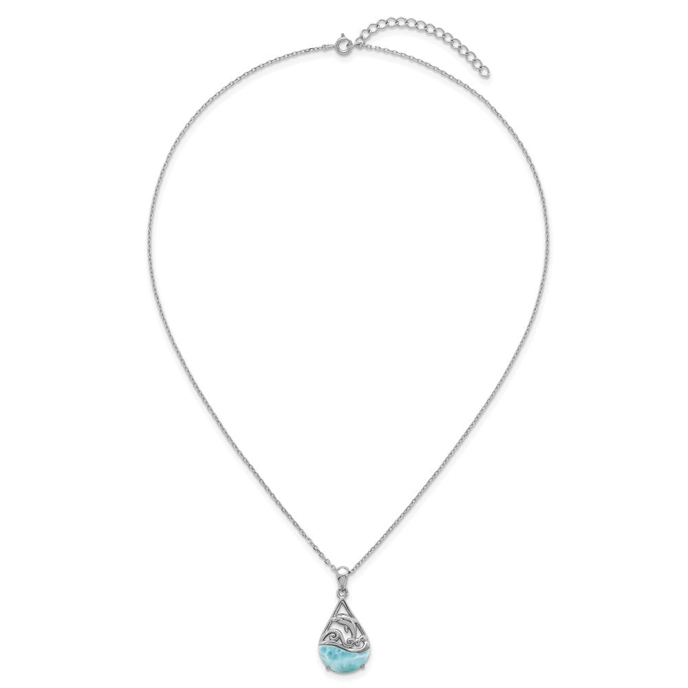Sterling Silver Rhodium Plated Larimar Dolphin Teardrop 16in w/2in Ext Necklace