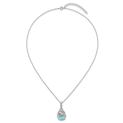 Sterling Silver Rhodium Plated Larimar Dolphin Teardrop 16in w/2in Ext Necklace
