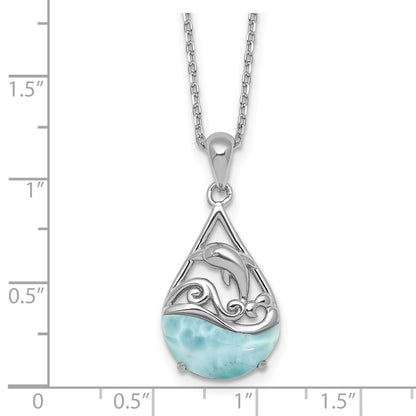 Sterling Silver Rhodium Plated Larimar Dolphin Teardrop 16in w/2in Ext Necklace