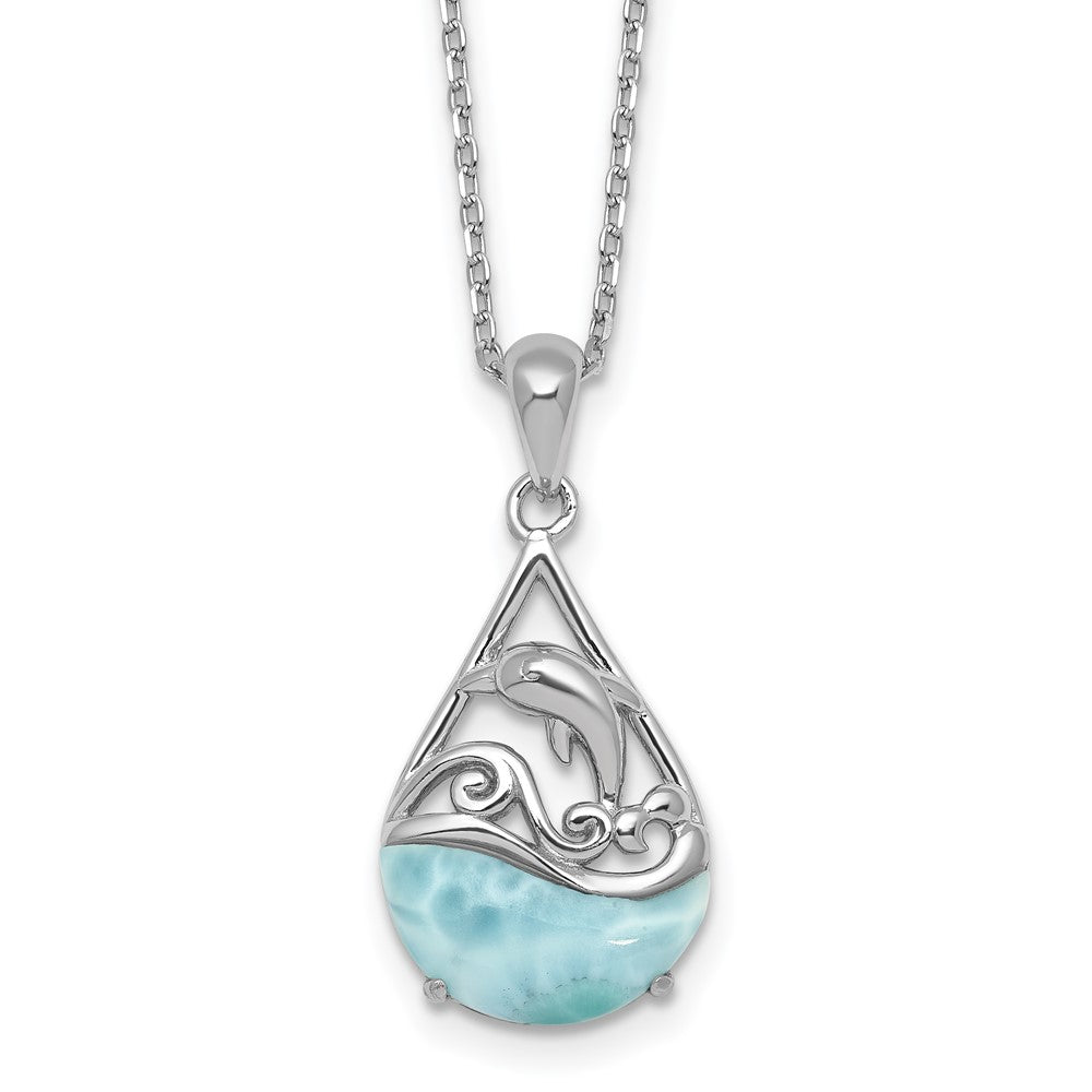 Sterling Silver Rhodium Plated Larimar Dolphin Teardrop 16in w/2in Ext Necklace