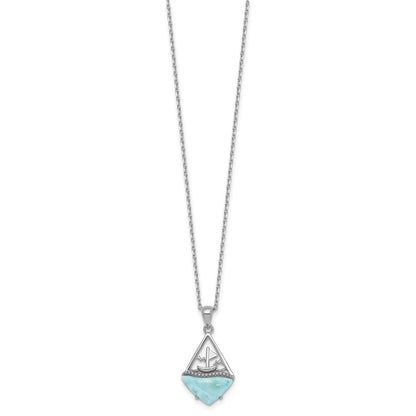 Sterling Silver Rh-Pltd Larimar Sailboat 16in w/2in Ext Necklace