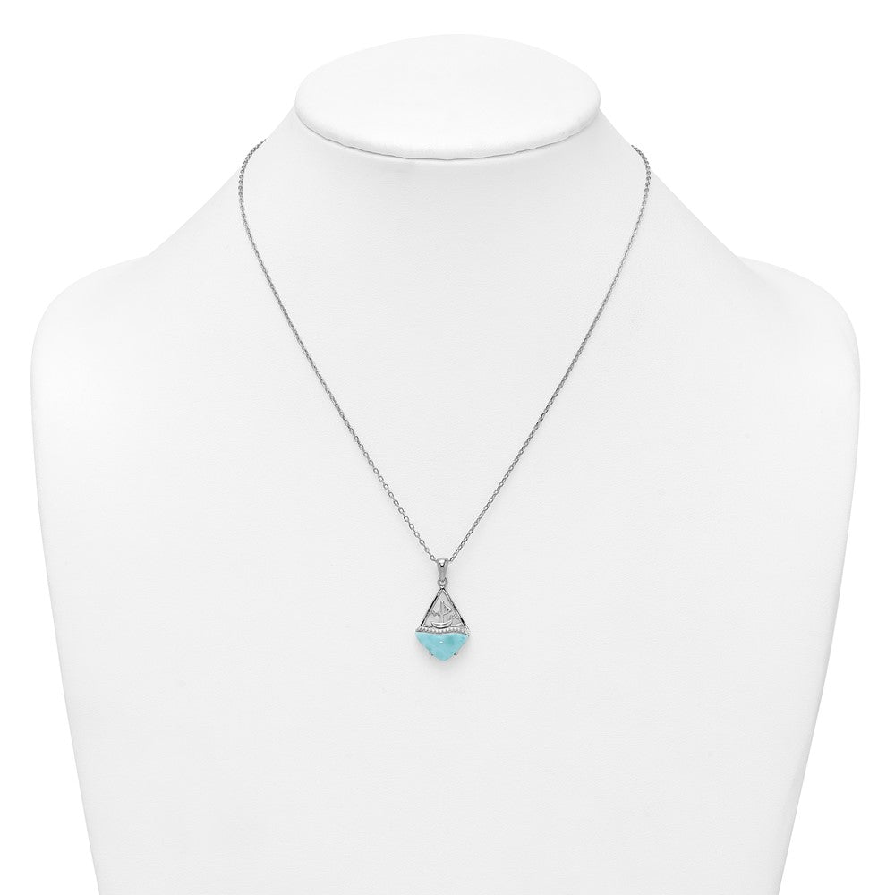 Sterling Silver Rh-Pltd Larimar Sailboat 16in w/2in Ext Necklace