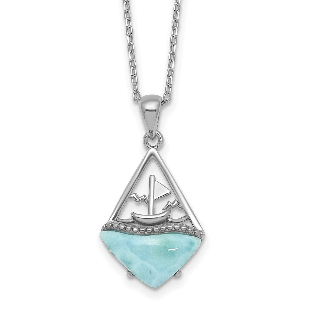 Sterling Silver Rh-Pltd Larimar Sailboat 16in w/2in Ext Necklace