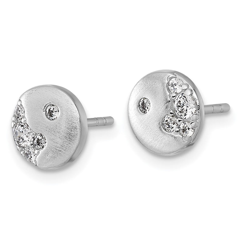 Sterling Silver Rhodium-Plated Brushed CZ Circle Post Earrings
