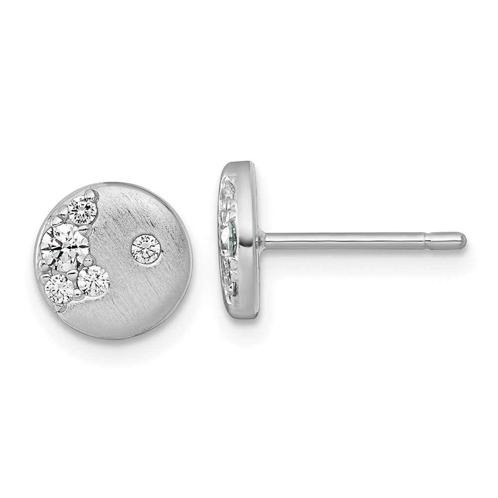 Sterling Silver Rhodium-Plated Brushed CZ Circle Post Earrings