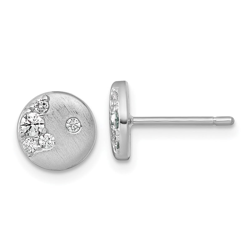 Sterling Silver Rhodium-Plated Brushed CZ Circle Post Earrings