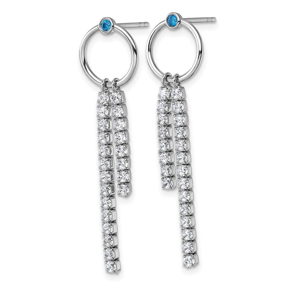 Sterling Silver Rhodium-Plated Blue & White CZ Dangle Post Earrings