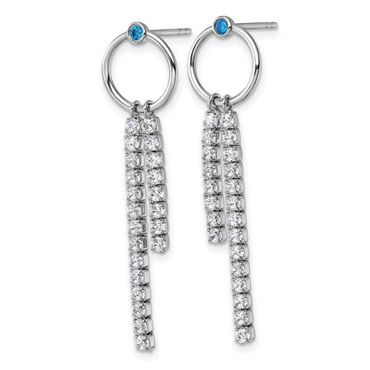 Sterling Silver Rhodium-Plated Blue & White CZ Dangle Post Earrings