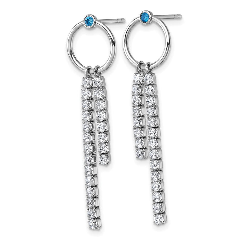 Sterling Silver Rhodium-Plated Blue & White CZ Dangle Post Earrings