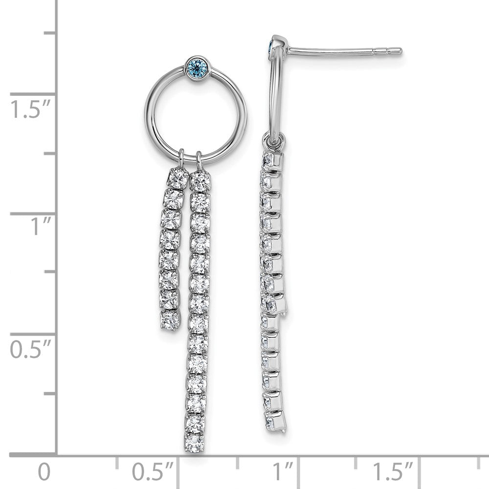 Sterling Silver Rhodium-Plated Blue & White CZ Dangle Post Earrings