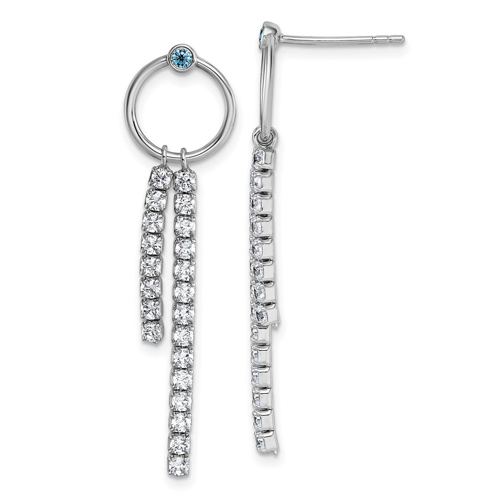 Sterling Silver Rhodium-Plated Blue & White CZ Dangle Post Earrings