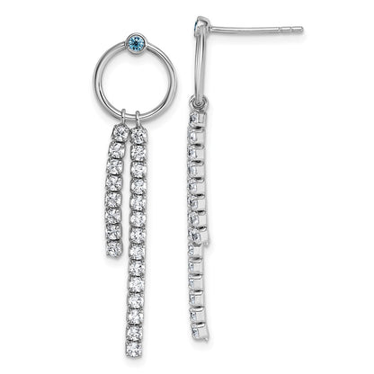 Sterling Silver Rhodium-Plated Blue & White CZ Dangle Post Earrings