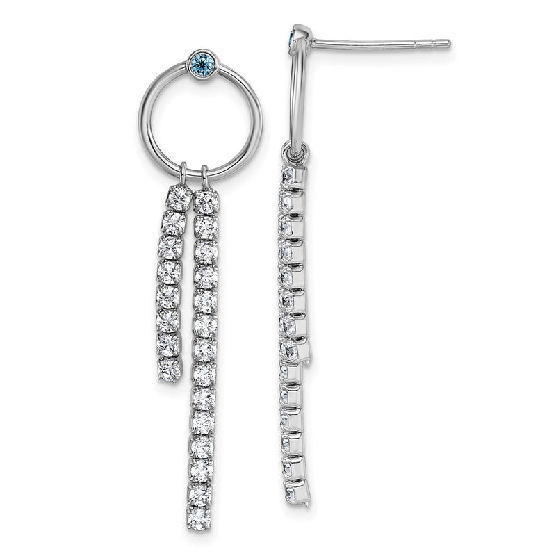 Sterling Silver Rhodium-Plated Blue & White CZ Dangle Post Earrings