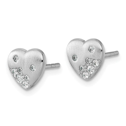 Sterling Silver Rhodium-Plated Brushed CZ Heart Post Earrings