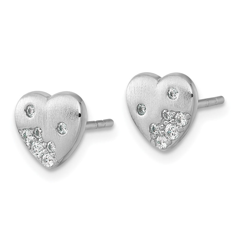 Sterling Silver Rhodium-Plated Brushed CZ Heart Post Earrings