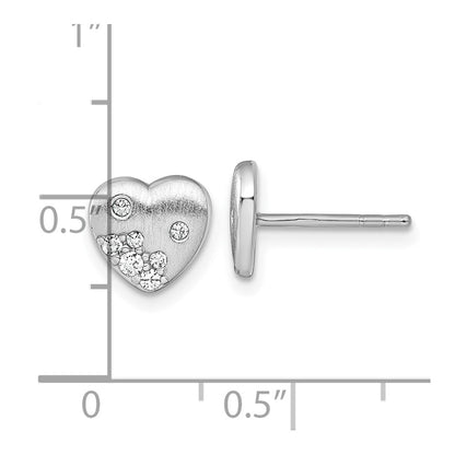 Sterling Silver Rhodium-Plated Brushed CZ Heart Post Earrings
