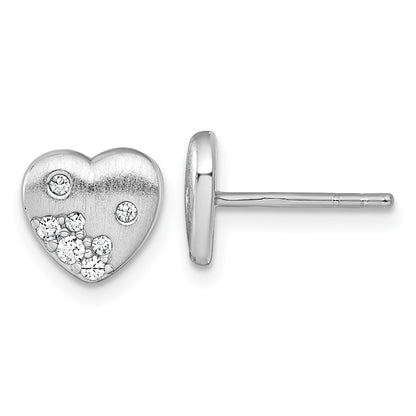 Sterling Silver Rhodium-Plated Brushed CZ Heart Post Earrings