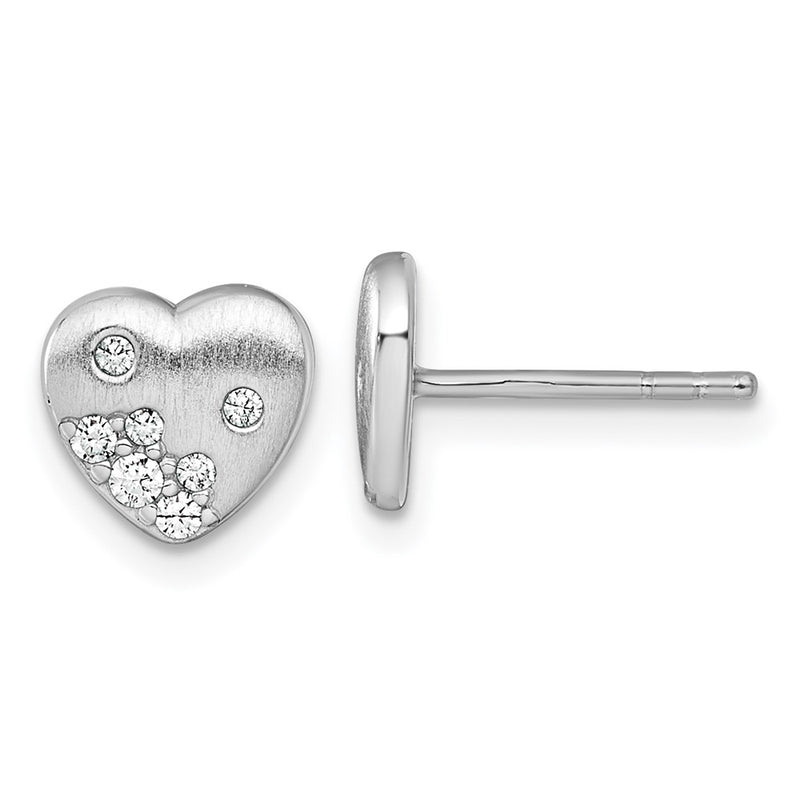 Sterling Silver Rhodium-Plated Brushed CZ Heart Post Earrings
