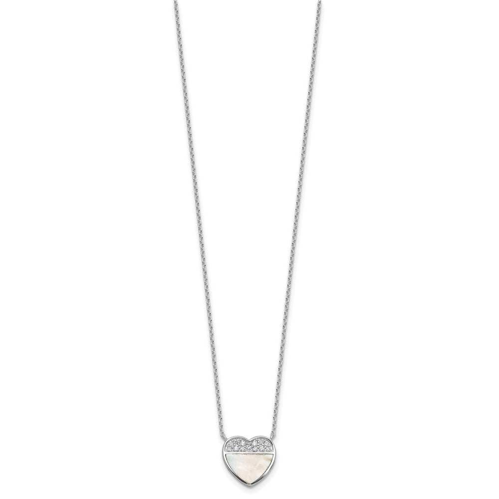 Sterling Silver Rh-Pltd Polished Mother of Pearl CZ Heart 16in w/2in Ext Necklace