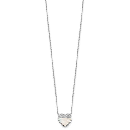 Sterling Silver Rh-Pltd Polished Mother of Pearl CZ Heart 16in w/2in Ext Necklace
