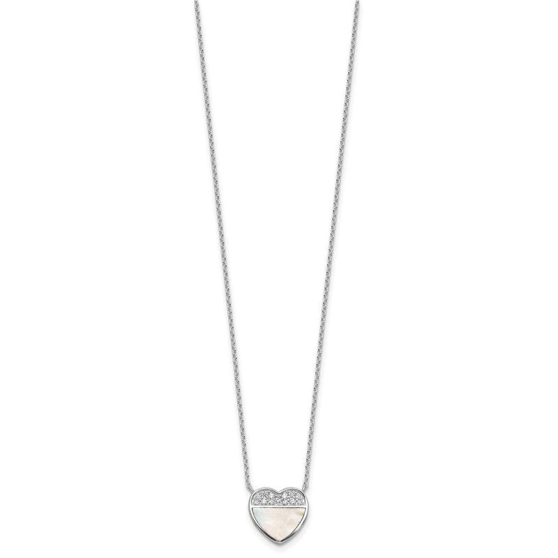 Sterling Silver Rh-Pltd Polished Mother of Pearl CZ Heart 16in w/2in Ext Necklace