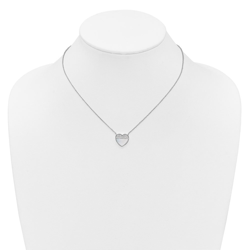 Sterling Silver Rh-Pltd Polished Mother of Pearl CZ Heart 16in w/2in Ext Necklace