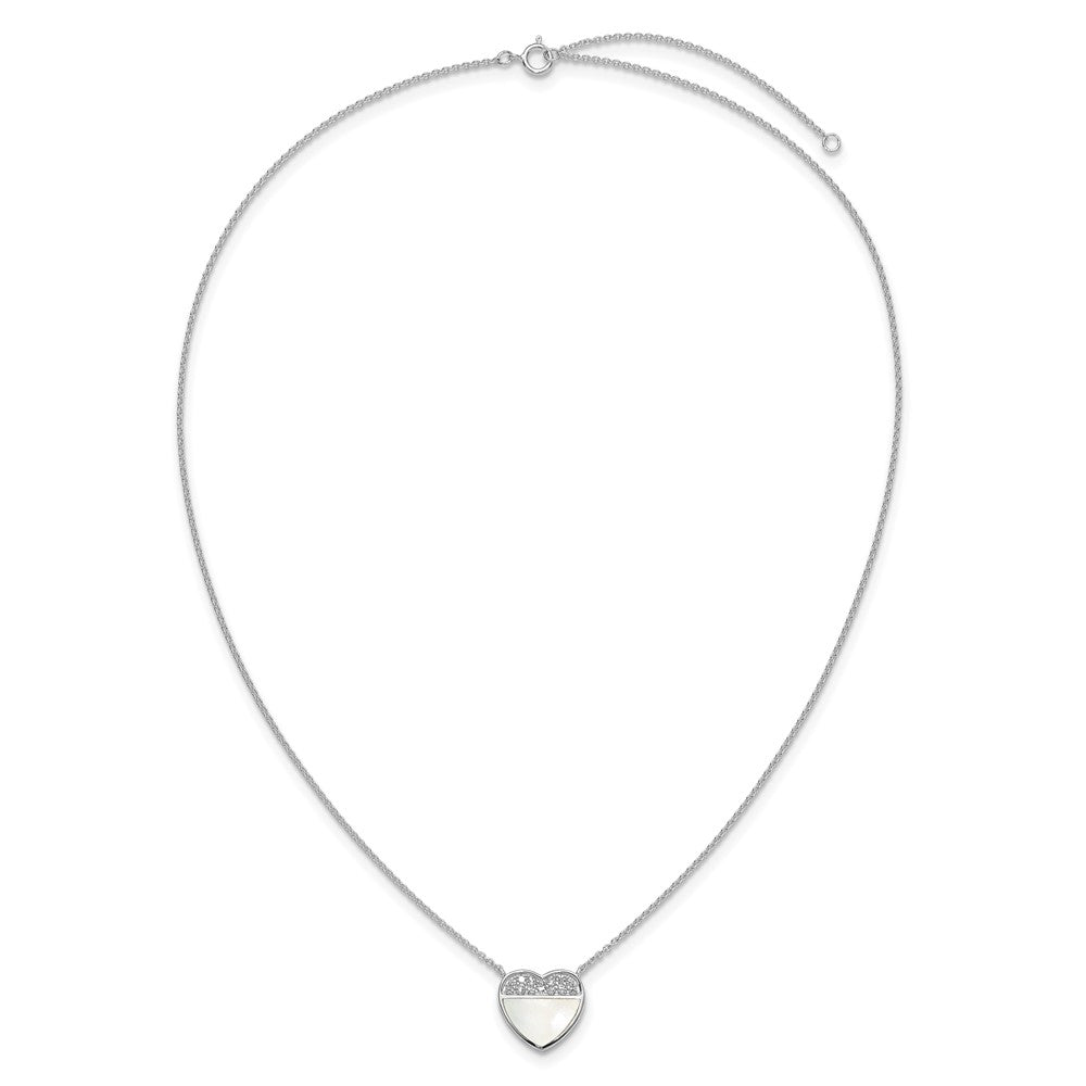 Sterling Silver Rh-Pltd Polished Mother of Pearl CZ Heart 16in w/2in Ext Necklace