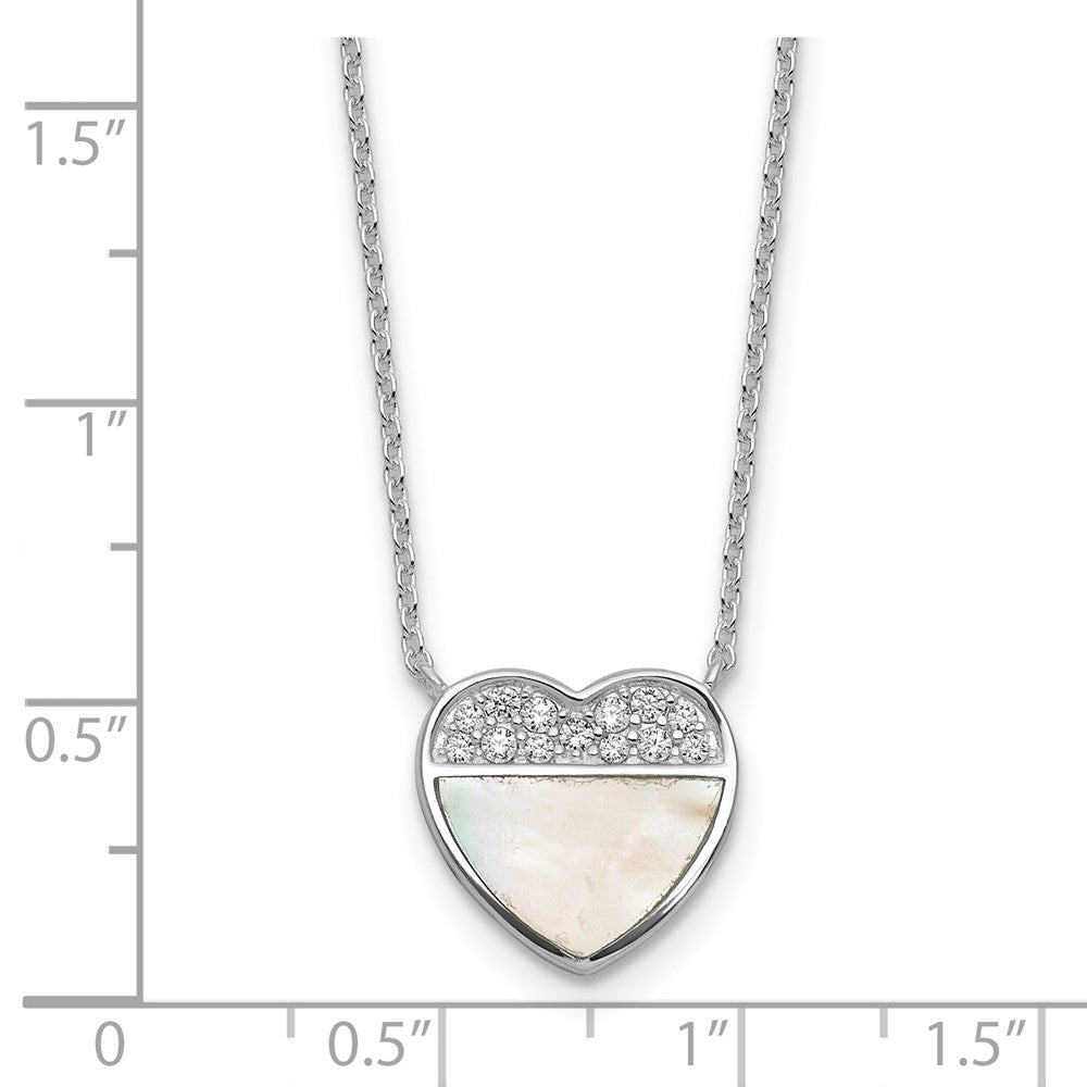 Sterling Silver Rh-Pltd Polished Mother of Pearl CZ Heart 16in w/2in Ext Necklace
