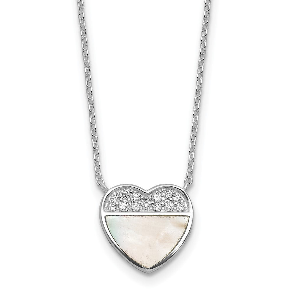 Sterling Silver Rh-Pltd Polished Mother of Pearl CZ Heart 16in w/2in Ext Necklace