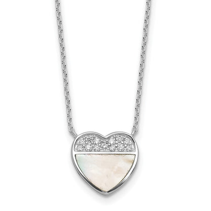 Sterling Silver Rh-Pltd Polished Mother of Pearl CZ Heart 16in w/2in Ext Necklace