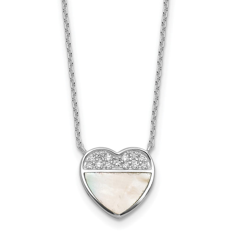 Sterling Silver Rh-Pltd Polished Mother of Pearl CZ Heart 16in w/2in Ext Necklace