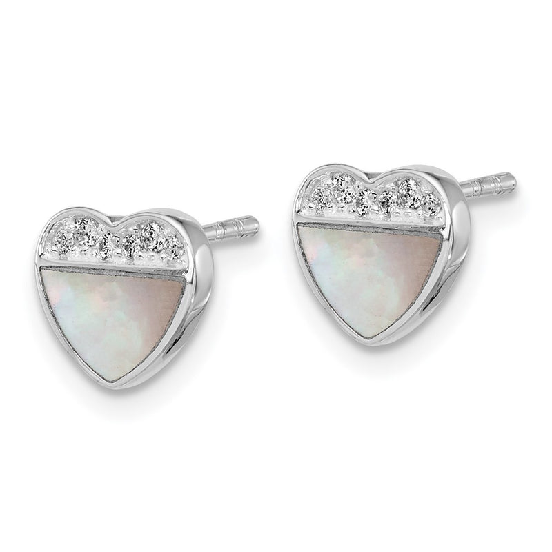 Sterling Silver Rh-Pl Polished CZ Mother of Pearl Heart Post Earrings