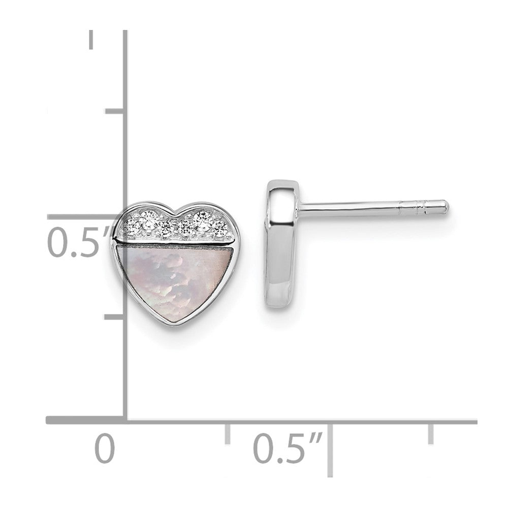 Sterling Silver Rh-Pl Polished CZ Mother of Pearl Heart Post Earrings