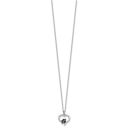 Sterling Silver Rhod-Plat Heart Enamel Paw Print 16in w/1.5in Ext Necklace