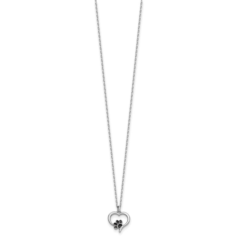 Sterling Silver Rhod-Plat Heart Enamel Paw Print 16in w/1.5in Ext Necklace