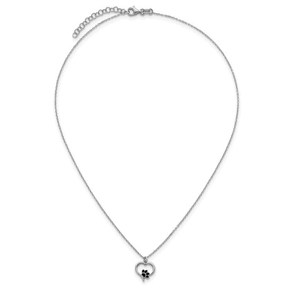 Sterling Silver Rhod-Plat Heart Enamel Paw Print 16in w/1.5in Ext Necklace