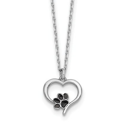 Sterling Silver Rhod-Plat Heart Enamel Paw Print 16in w/1.5in Ext Necklace