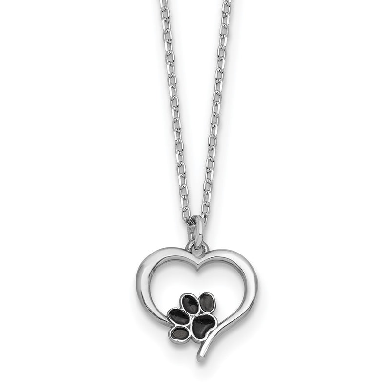 Sterling Silver Rhod-Plat Heart Enamel Paw Print 16in w/1.5in Ext Necklace