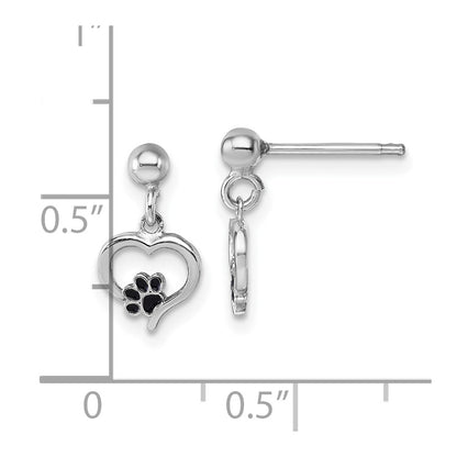 Sterling Silver Rhodium-Plat Heart Enamel Paw Print Post Dangle Earrings
