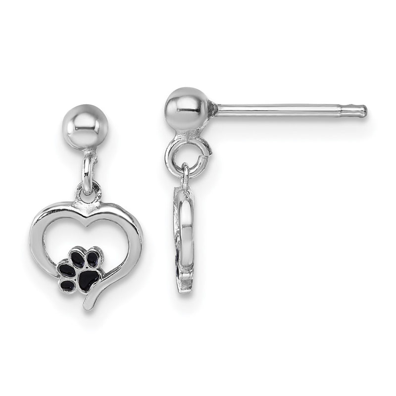 Sterling Silver Rhodium-Plat Heart Enamel Paw Print Post Dangle Earrings