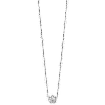 Sterling Silver Rh-Pltd Polished Textured CZ Flower 18 Inch Necklace