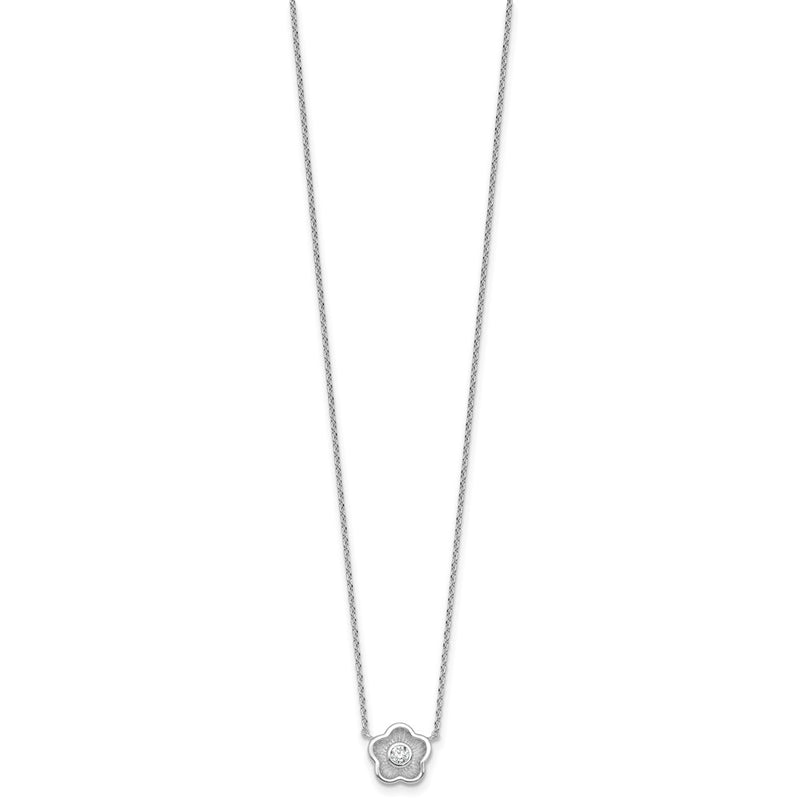 Sterling Silver Rh-Pltd Polished Textured CZ Flower 18 Inch Necklace