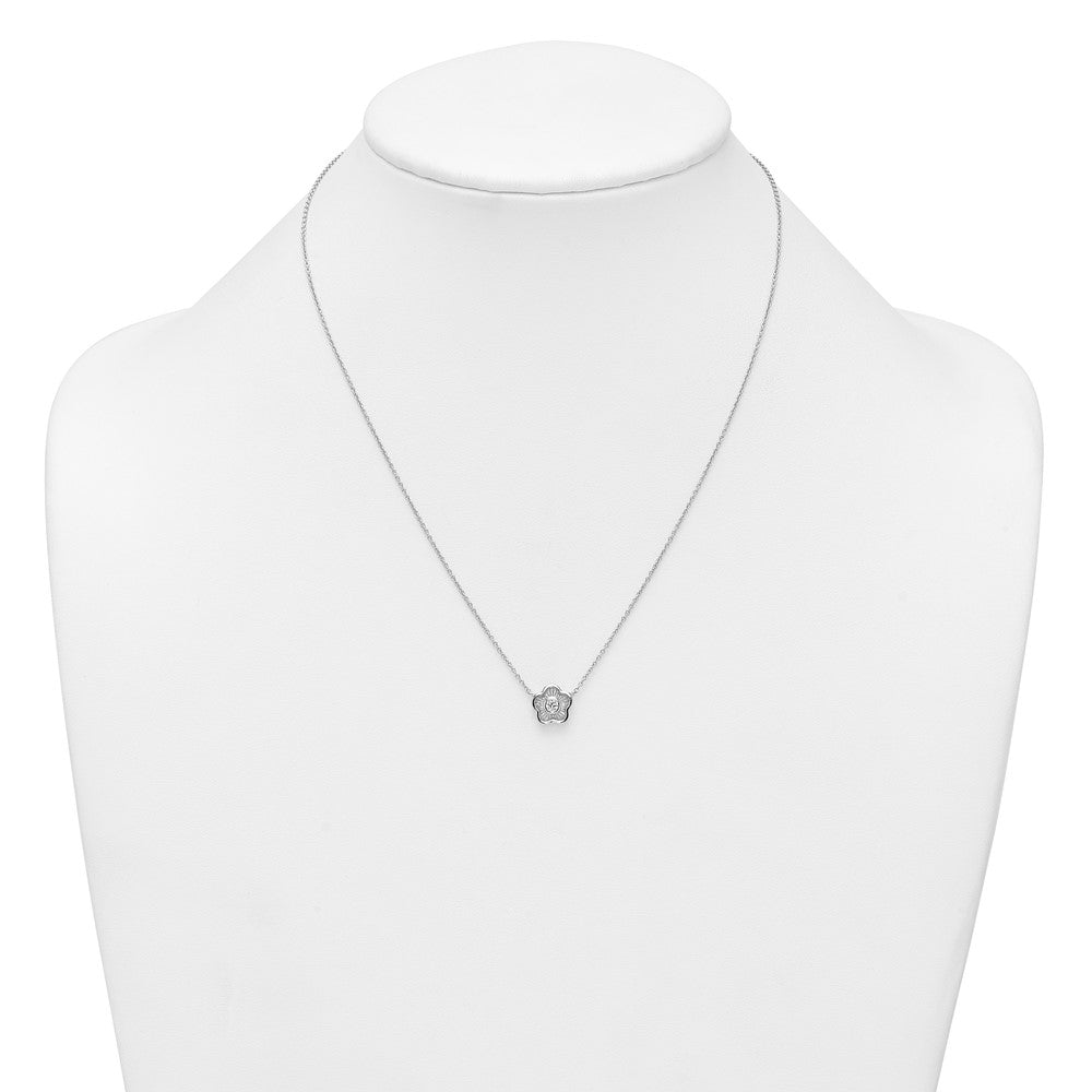 Sterling Silver Rh-Pltd Polished Textured CZ Flower 18 Inch Necklace