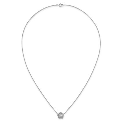Sterling Silver Rh-Pltd Polished Textured CZ Flower 18 Inch Necklace