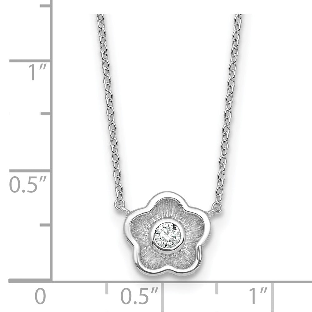 Sterling Silver Rh-Pltd Polished Textured CZ Flower 18 Inch Necklace