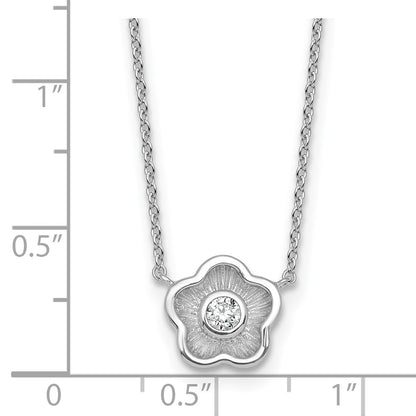 Sterling Silver Rh-Pltd Polished Textured CZ Flower 18 Inch Necklace